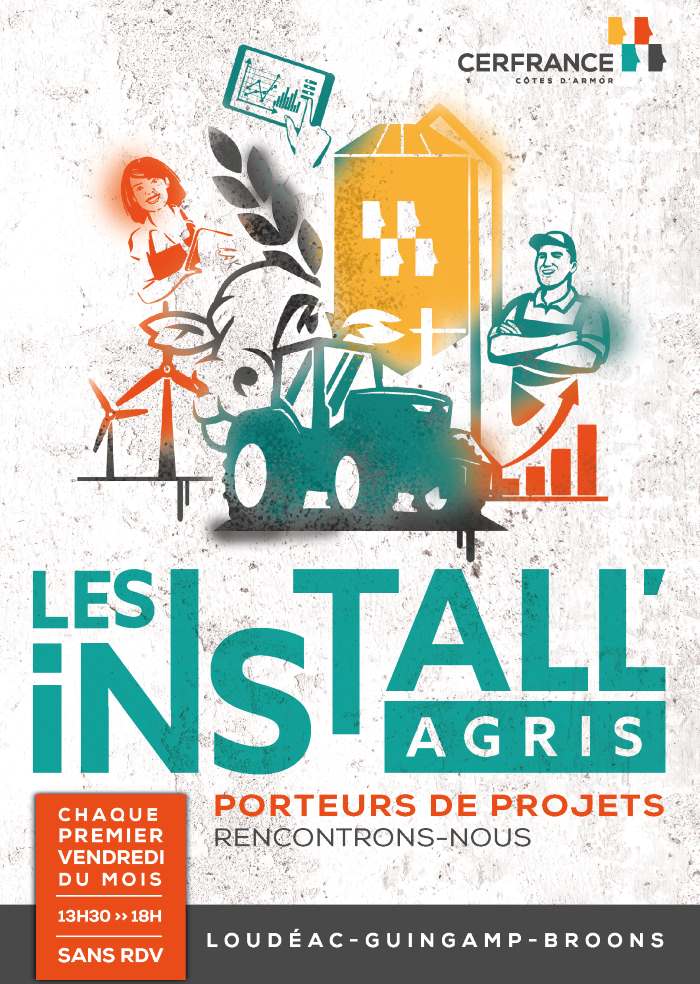 Les rendez-vous « Les Install’Agris » se déroulent les premiers vendredis de chaque mois, sans rdv, de 13h30 à 18h dans trois des agences du département : Guingamp, Loudéac et Broons.