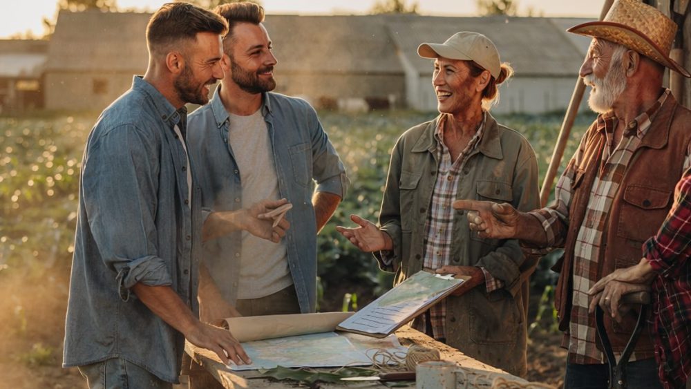 Groupe d’agriculteurs échangeant dans une ferme, avec un nouveau membre en intégration participant à la discussion.