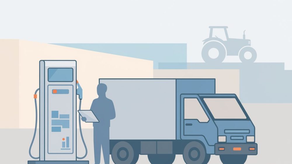 Aide carburant pour les entreprises : illustration minimaliste montrant un véhicule professionnel, une pompe à carburant et une tablette symbolisant les dispositifs d’accompagnement.