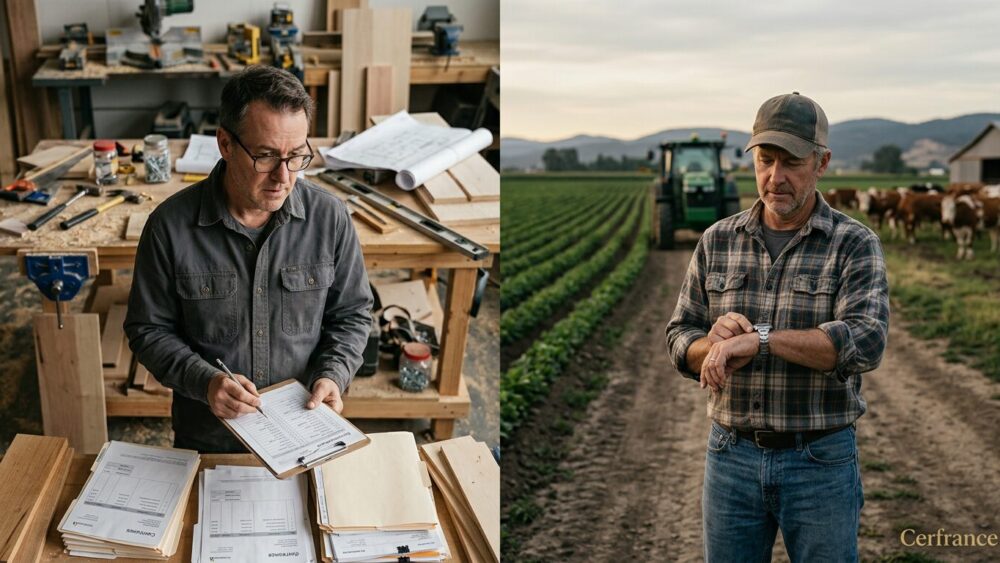 Artisan et agriculteur illustrant l’optimisation du temps et de l’organisation professionnelle