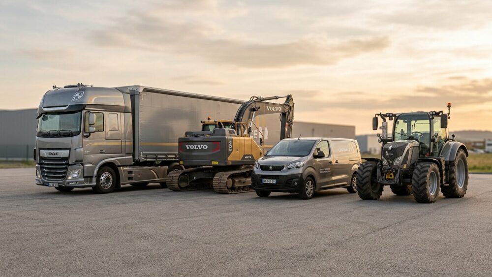 Flotte de véhicules professionnels comprenant camion, engin de chantier, voiture de service et tracteur, illustrant les aides carburant pour différents secteurs d’activité.