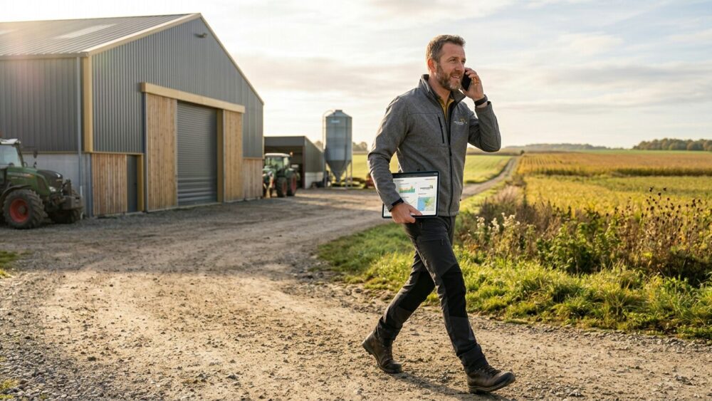 Dirigeant agricole actif utilisant une tablette dans une ferme moderne, ambiance dynamique et professionnelle.