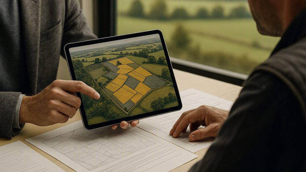 Conseiller et agriculteur analysant une carte de parcelles sur tablette pour déclaration PAC