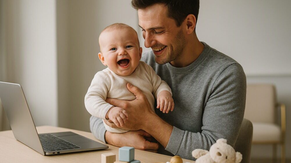 Parent avec bébé entouré de jouets près d’un espace de travail lumineux, évoquant l’équilibre entre vie familiale et professionnelle.