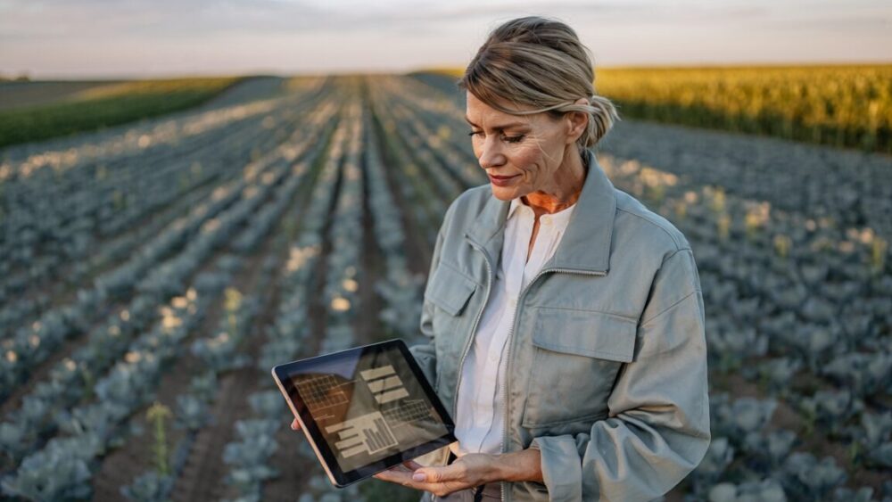 Agriculteur utilisant une tablette dans un champ, illustrant la gestion et la correction de la déclaration PAC.