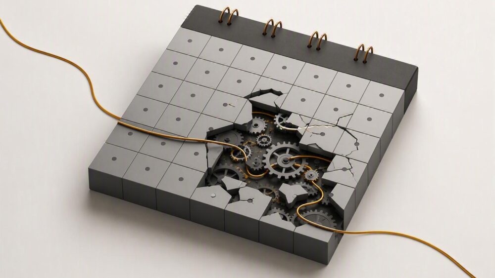 Illustration d’un calendrier annuel géométrique dont une partie se fissure, révélant des engrenages désalignés, tandis qu’une ligne dorée reconnecte l’ensemble.