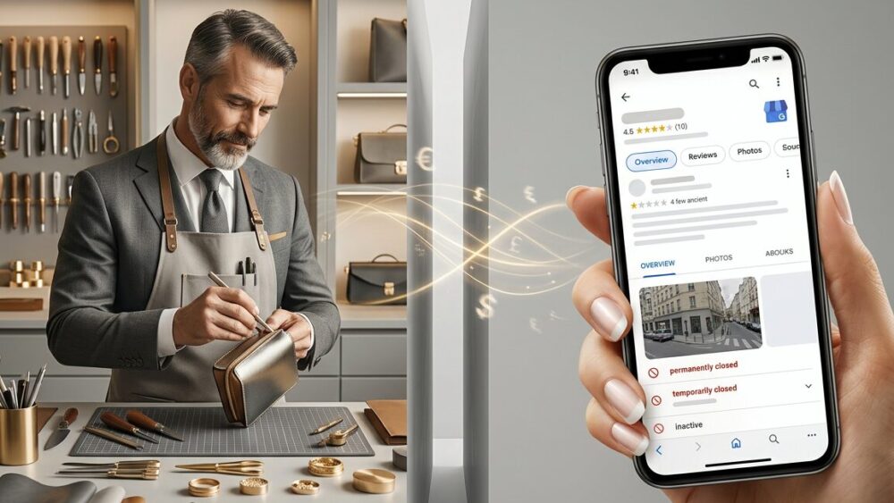 Scène divisée en deux montrant un dirigeant réalisant un travail de qualité d’un côté et un prospect consultant une fiche d’entreprise peu attractive sur smartphone de l’autre, séparés par un fossé symbolique.