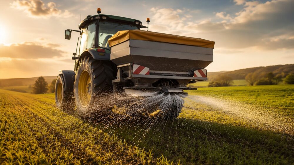 Tracteur agricole épandant de l'engrais dans une parcelle de céréales au lever du soleil. L'image illustre les travaux de fertilisation des cultures et accompagne un article sur le plan d'aide engrais 2026 destiné aux exploitants agricoles.