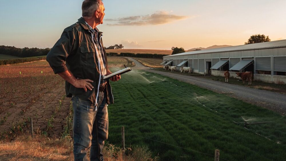 Agriculteur observant une exploitation agricole adaptée aux aléas climatiques avec cultures, élevage et bâtiments modernisés.