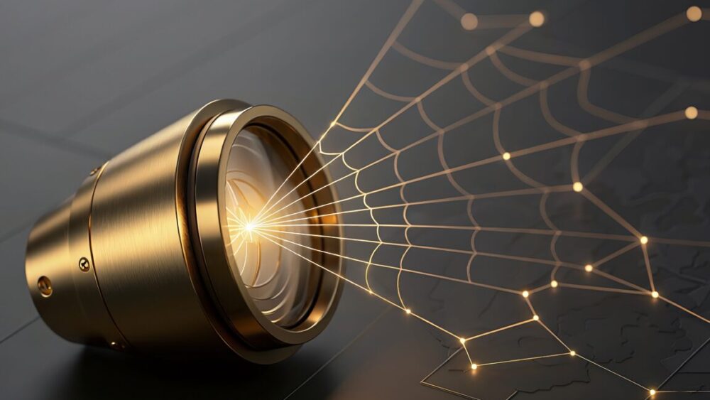 Phare doré éclairant une carte numérique avec un réseau de connexions lumineuses, symbolisant la visibilité en ligne des entreprises