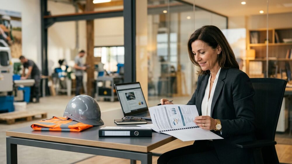 Dirigeant de PME vérifiant un dossier de prévention des risques professionnels dans un environnement de travail moderne, illustrant la conformité au DUERP.