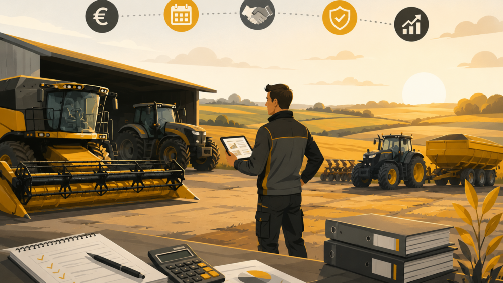 Dirigeant d’une entreprise de travaux agricoles analysant sa trésorerie sur une tablette devant ses matériels agricoles afin d’anticiper les difficultés financières.