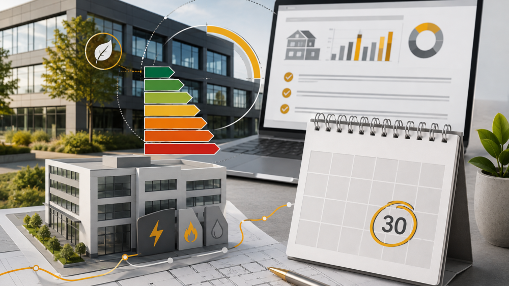 Bâtiment tertiaire, maquette énergétique et calendrier mettant en évidence l’échéance du 30 septembre pour la déclaration des consommations d’énergie.
