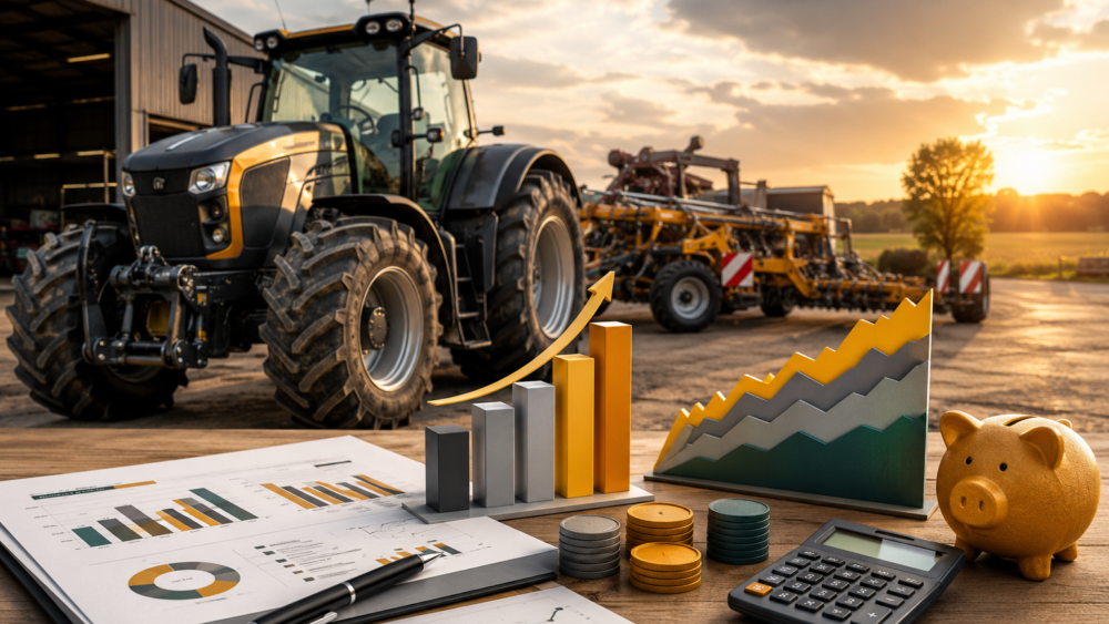 Tracteur d’une entreprise de travaux agricoles accompagné d’éléments graphiques financiers symbolisant l’anticipation et la sécurisation de la trésorerie.