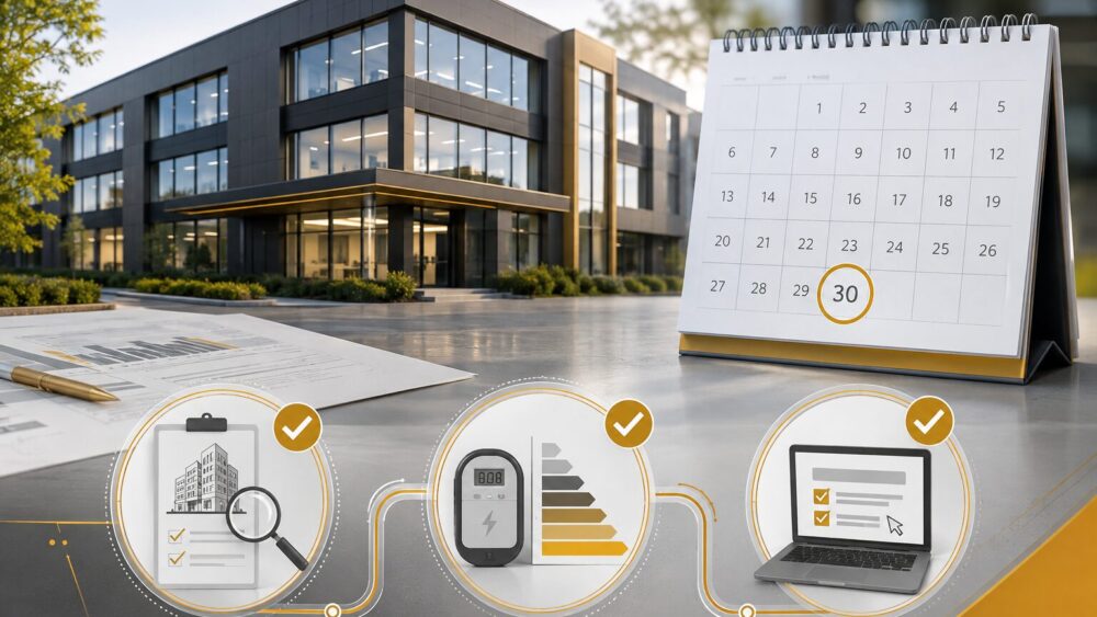 Calendrier mettant en avant l'échéance du 30 septembre devant un bâtiment tertiaire avec une checklist symbolisant les étapes de préparation de la déclaration OPERAT.