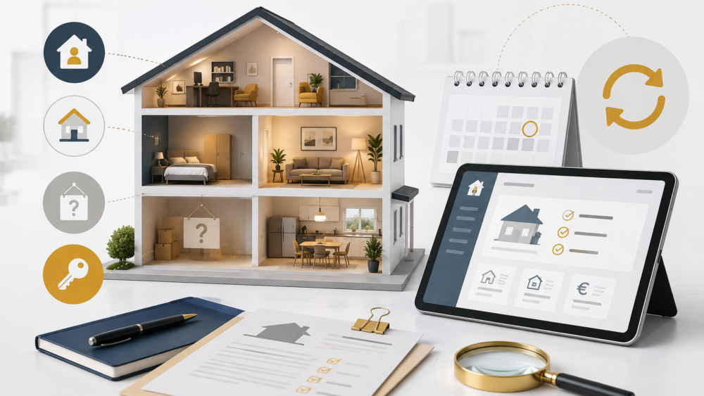 Illustration représentant une maison en coupe, un calendrier, une tablette affichant un tableau de bord immobilier et des icônes de mise à jour, symbolisant la déclaration et la vérification des biens immobiliers en ligne.