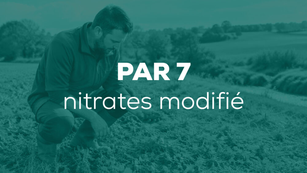 Agriculteur observant le sol d’une parcelle agricole bretonne, avec une bande enherbée et un cours d’eau en arrière-plan.