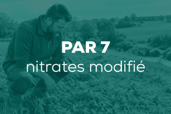 Agriculteur observant le sol d’une parcelle agricole bretonne, avec une bande enherbée et un cours d’eau en arrière-plan.
