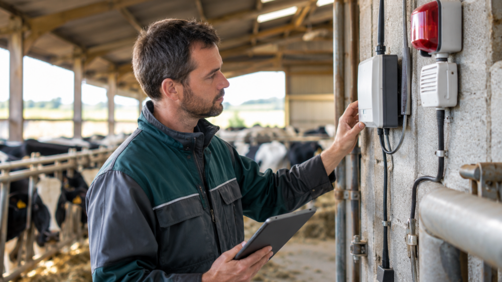 Agriculteur vérifiant un boîtier de surveillance connecté dans un bâtiment d’élevage, avec un capteur et un système d’alarme à proximité.